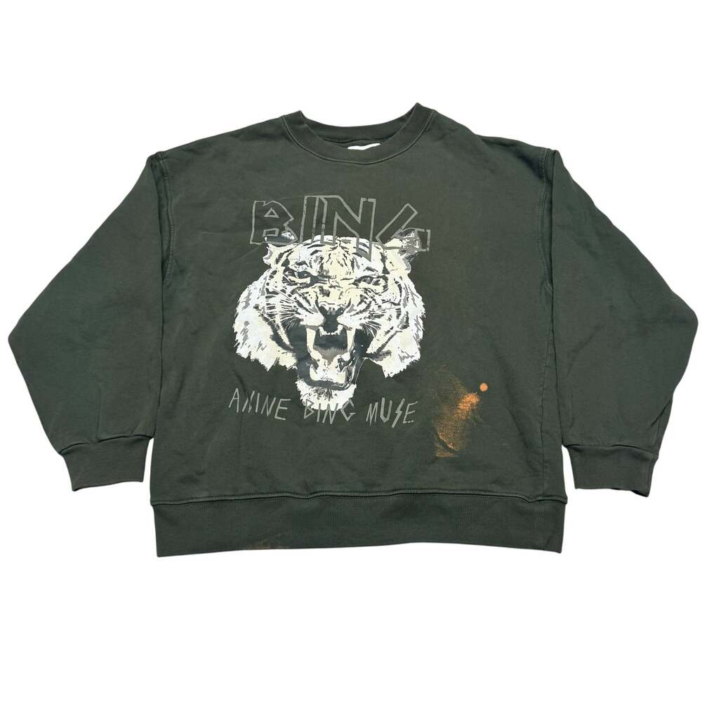 Anine Bing Tiger Sweatshirt Forest Green Pullover Women's Medium Bleach Grunge